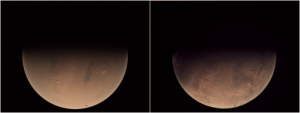 PANGU simulation (left) of the Mars Express VMC image (right) acquired on 27-05-2010 at 09:13:01 showing Phobos at the end of its transit of Mars (the dark spot at the bottom)