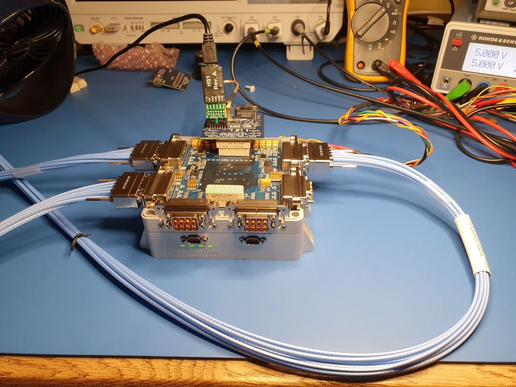 Steve’s dining room table during COVID-19, being used as the platform for the development and testing of the very latest SpaceFibre technology – in the heart of rural Angus!